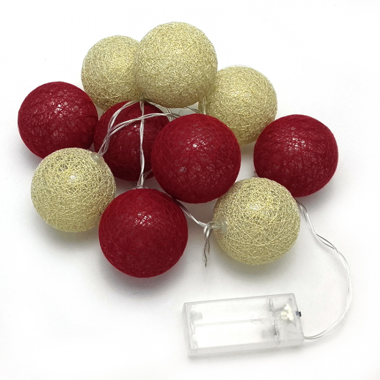 Светодиодная гирлянда "Хлопковый шар" Красный и золотой на батарейках / 10 шаров на прозрачном проводе
